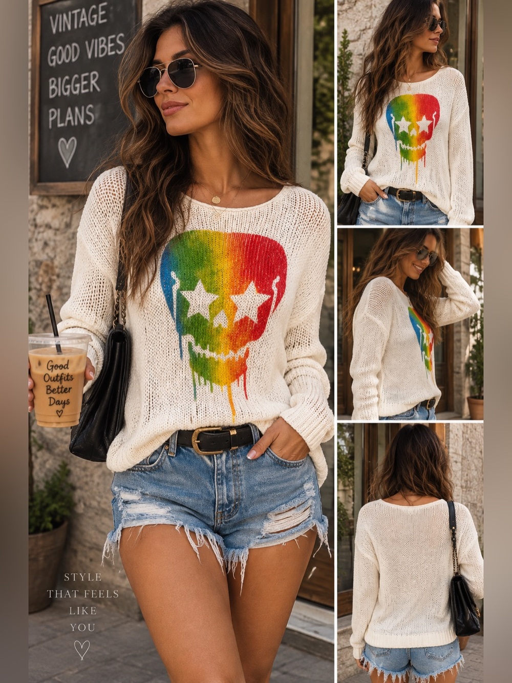 Wooden Ships Rainbow Skull Sweater XS Open Knit Star Eyes Y2K Punk Rock